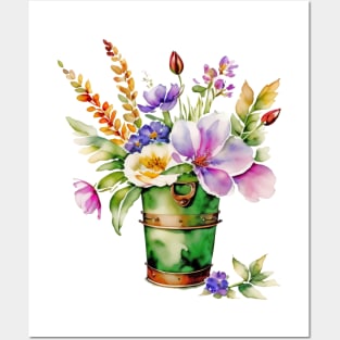 Watercolor Pail Filled with Spring Flowers Posters and Art